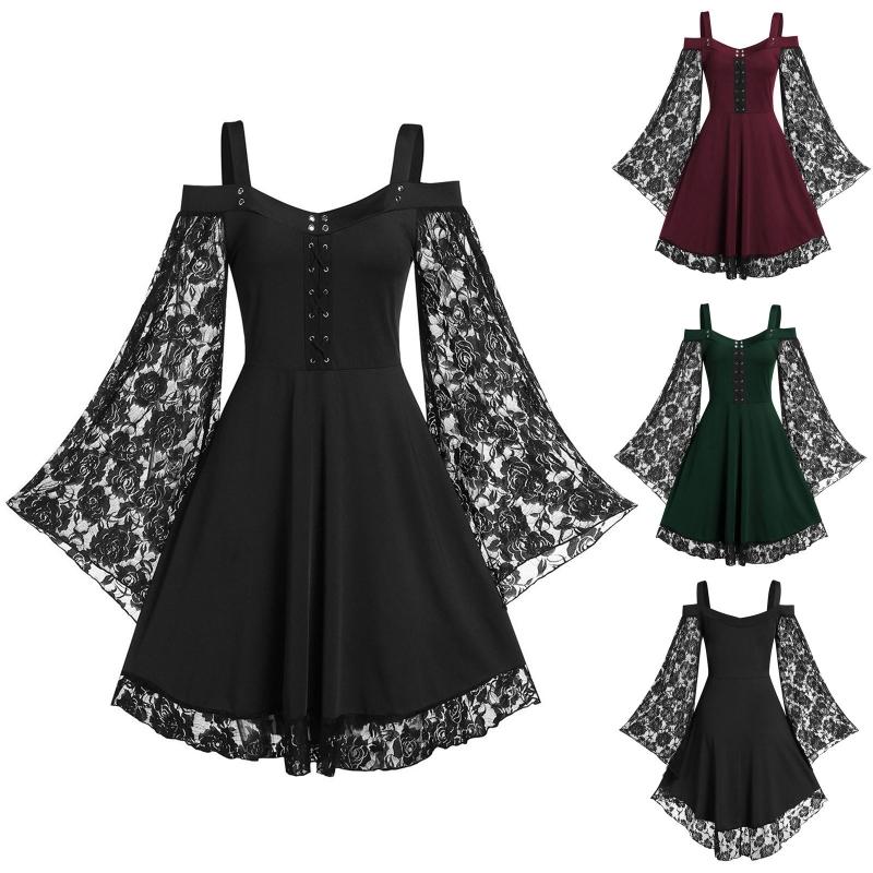Готическое Панк Платье Миди для Девушек Сексуальное Лоскутное Платье LaAe с Длинным Расклешенным Рукавом Женское Платье-Сарафан Харадзюку с Открытыми Плечами на Бретельках Хэллоуин