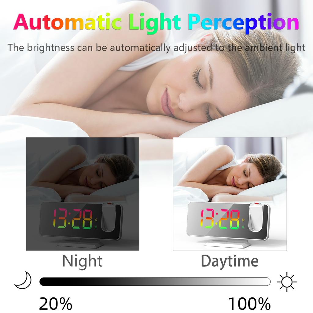 Digital 180 Degrees Projection Alarm Clock with Dynamic RGB Light Brightness Adjustable Snooze Dual Alarm