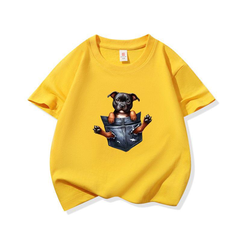 Kids Cotton T Shirt Adorable Pocket Staffordshire Dog Pattern Print Crew Neck Short Sleeve Tee Casual Boys Girls Summer Tops