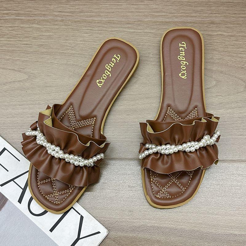 Gentle fairy wind slippers girl 2025 summer new French sweet ruffle edge versatile cool slippers girl