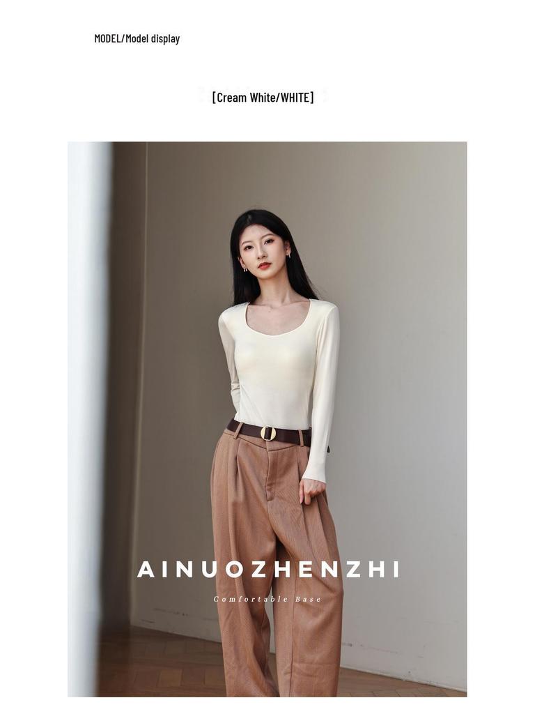 Women's Wool Square Collar Long Sleeve Thermal Shirt with Chest Pad