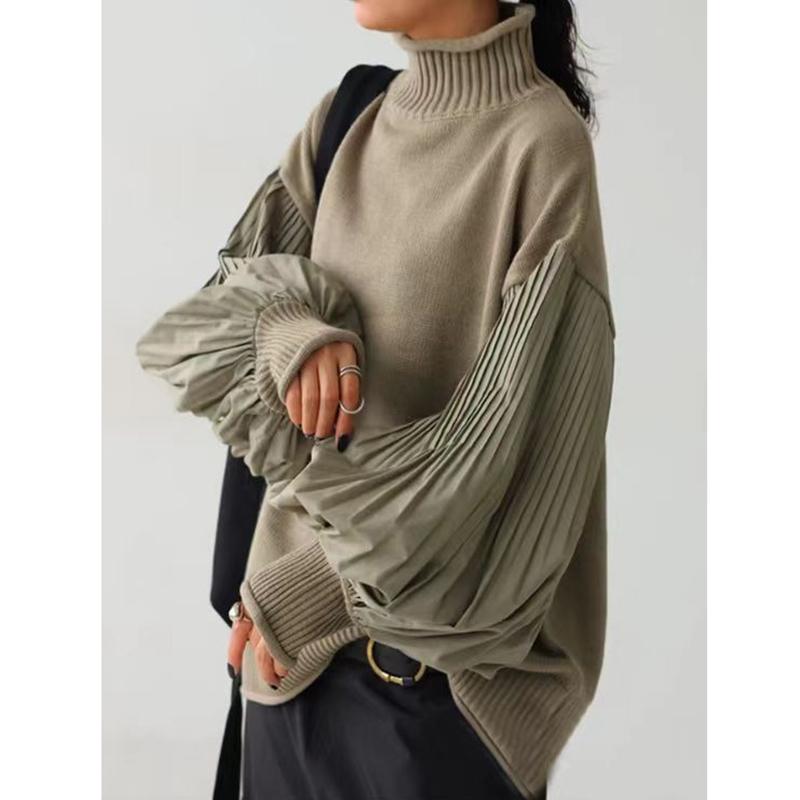 Зимний женский стильный свитер с высоким воротником, пэчворк, повседневный свободный пуловер, рукав «фонарик», женский свитер