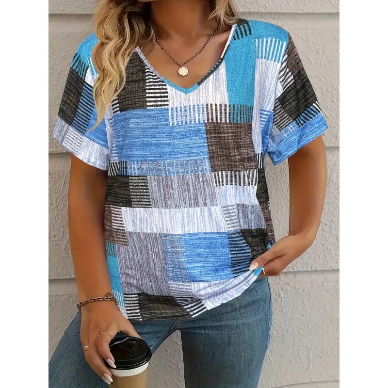 Summer Plaid Women's V-neck T-shirt Outdoor Casual Short Sleeve Tops Plaid Printed Trendy Peplum OverSize Women's Clothing