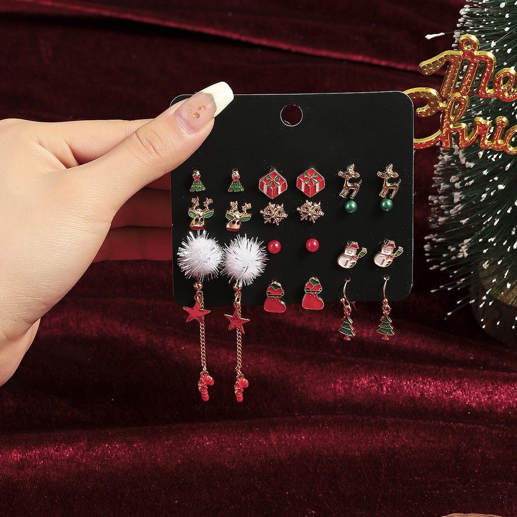 Christmas Stud Earrings Combination New Cartoon Holiday Alloy Dripping Elk Old Man Bell Earrings Set