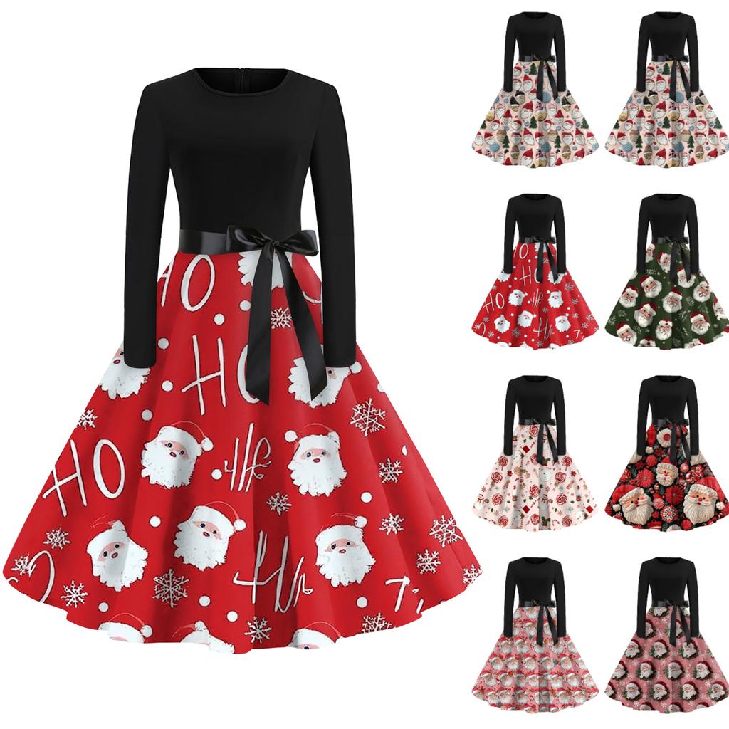 Женское модное и элегантное осенне-зимнее платье с длинным рукавом и круглым вырезом с рождественским принтом