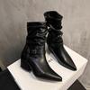 French Retro Short Boots Women's New Western Cowboy Boots Women's Thick Heel Pointed Middle Tube Stacking Boots Soft Leather Short Boots