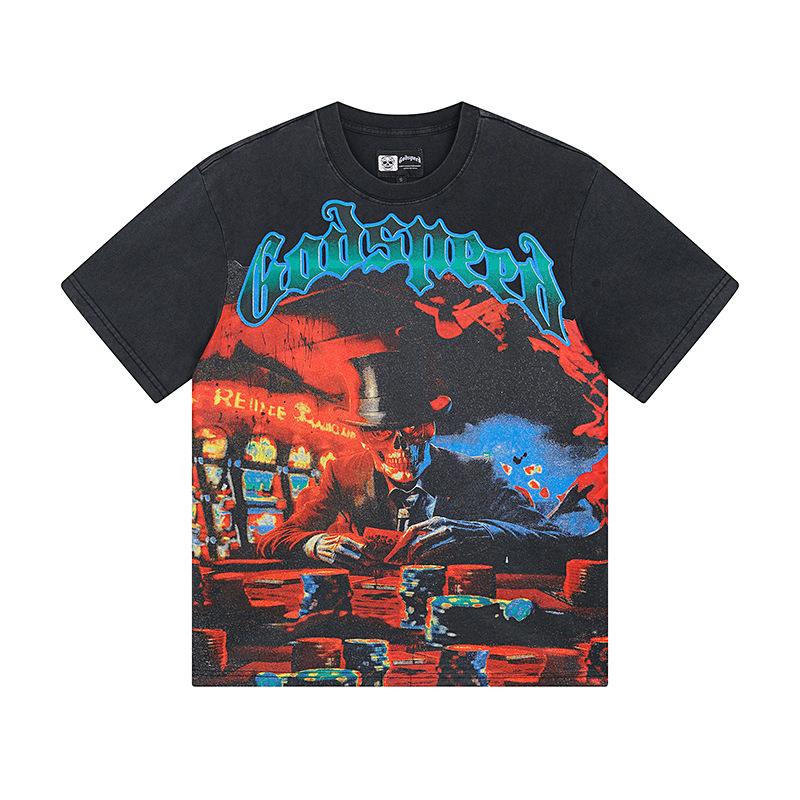 Cross-border trendy brand GS Skull Band Alphabet Printing Washing Water Short Sleeve Loose T-Shirt Men's and Women's High Street Retro Half Sleeve