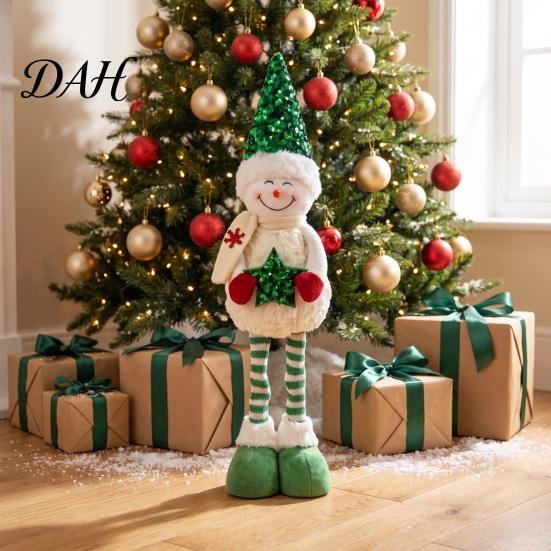 Standing Snowman Decor Christmas Plush with Extendable Legs, Sequins Hat Holding Star Table Centerpieces Doll, Long Legs Xmas Decoration Retractable