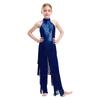 Girls Halter Sleeveless Backless Sequin Tiered Tassel Dance Jumpsuit Cha cha Latin Costume