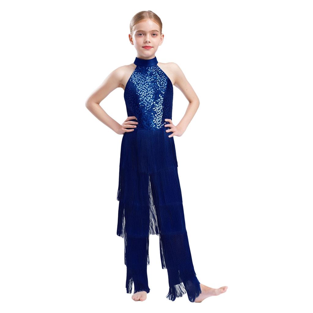 Girls Halter Sleeveless Backless Sequin Tiered Tassel Dance Jumpsuit Cha cha Latin Costume