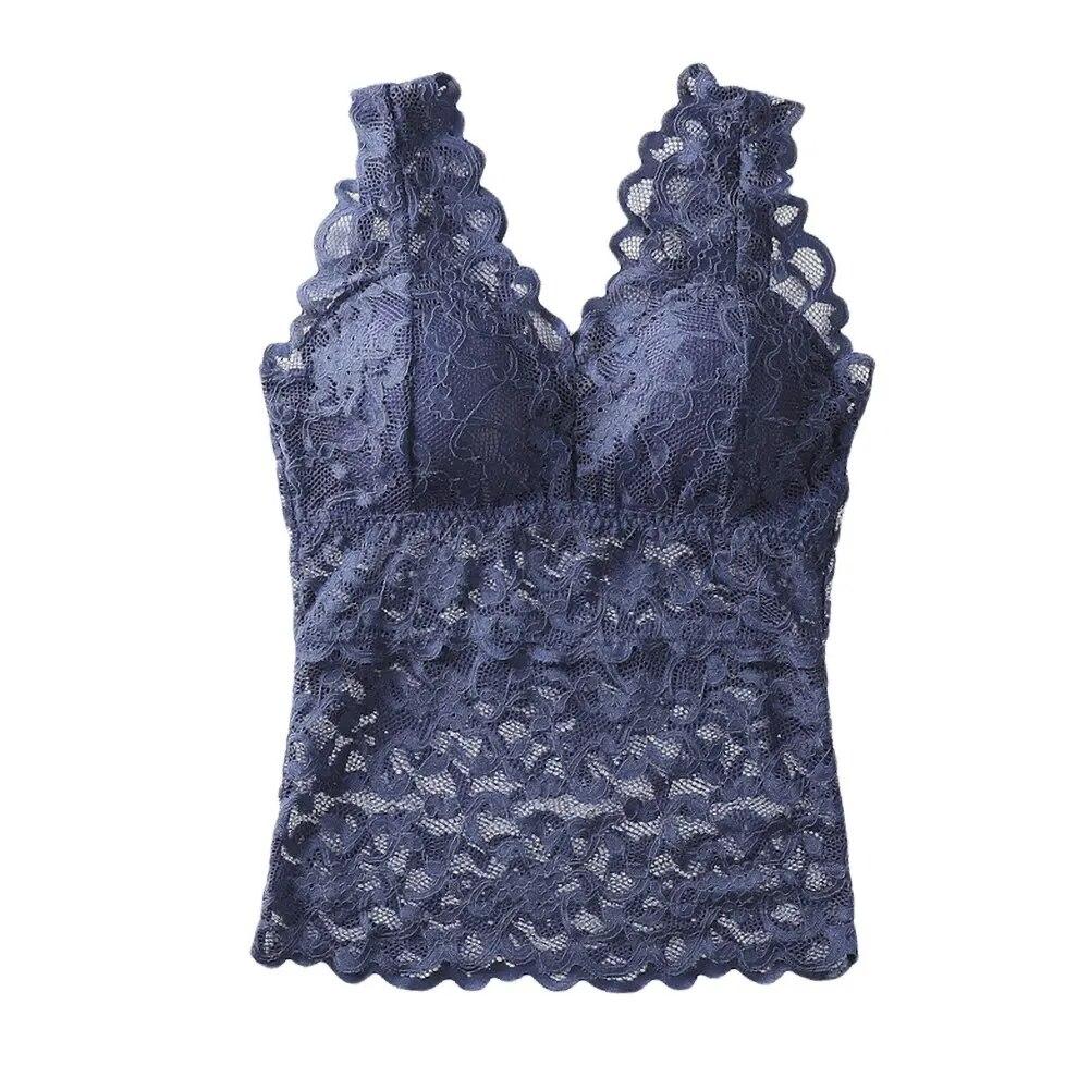 Women's Long Wide Shoulder Strap Lace Beautiful Back Wrapped Chest Stripes Anti-light Bottoming with Chest Pad No Steel Ring Underwear Stealth