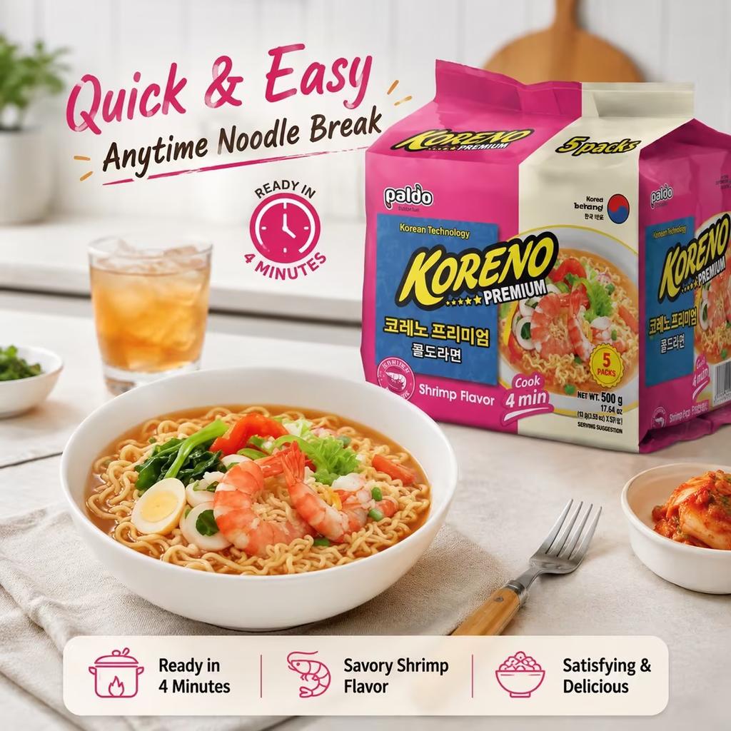 PALDO Shrimp Soup Noodle Multi Pack 100g*5pcs | Savory shrimp broth, springy noodles, practical multi-pack