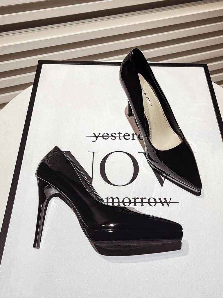 2025 Spring New Patent Leather Nude Ten Cm High Heels Women's Waterproof Table Fine Heel 12 Cm Pointed Women's Single Shoes
