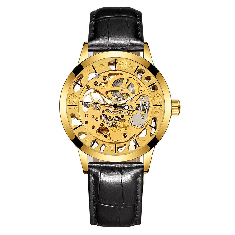 GUCAMEL повседневные модные мужские часы с кожаным ремешком и полыми механическими часами