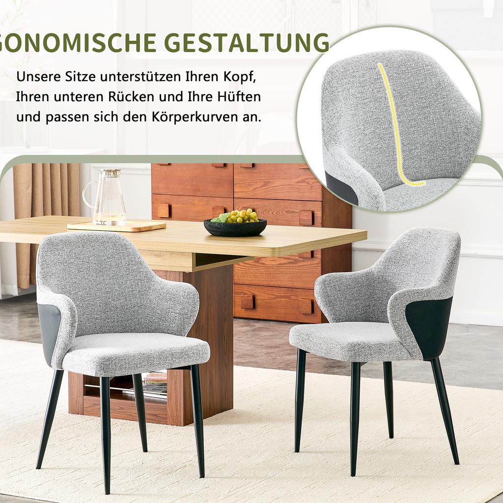 Set of 2 grey fabric dining chairs. Height 83 cm, backrest color-accented combination of fabric and black PU, cross-shaped metal support legs.