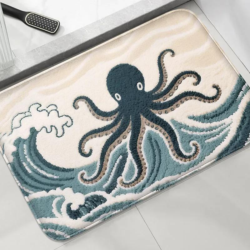 Beach Starfish Coconut Bath Mat, Non-slip Absorbent Fluffy Rug, Washable Bathroom Shower Floor Doormat