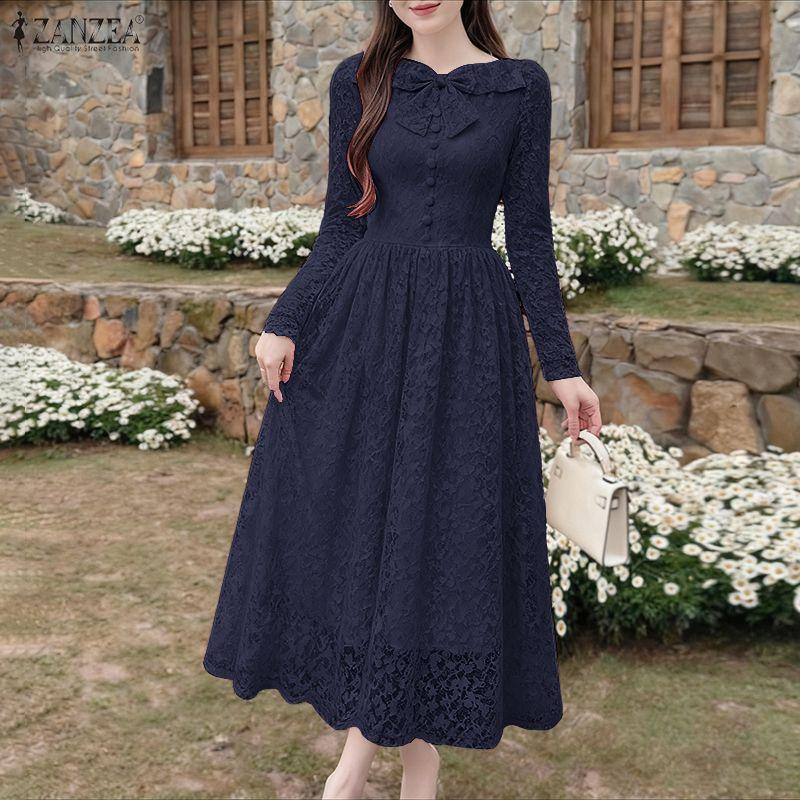ZANZEA Женское элегантное кружевное платье с круглым вырезом и длинными рукавами