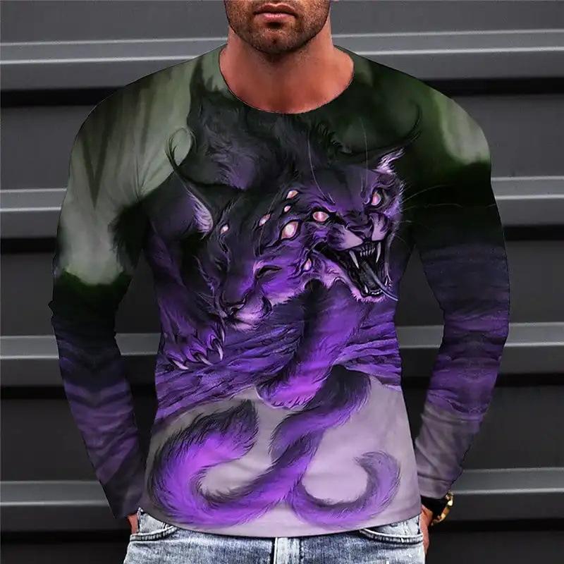 Футболки с рисунком дракона весна-осень, круглый вырез, длинный рукав, мужская спортивная одежда больших размеров, винтажная футболка с 3D-принтом больших размеров