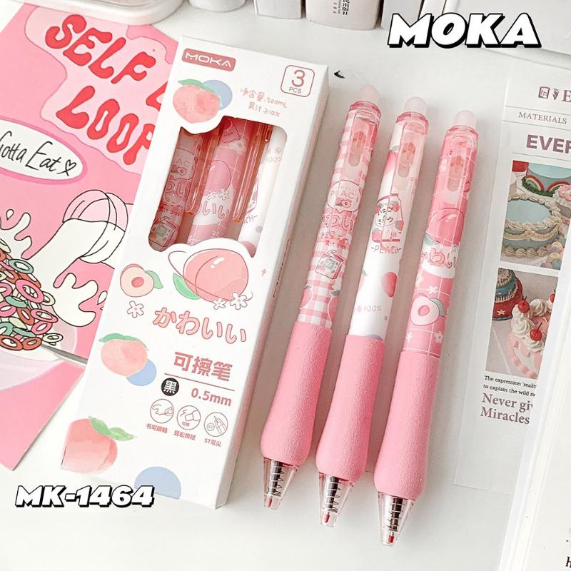 3pcs/set Cute Erasable Click Pen Pastel Kawaii Press 0.5mm Black Blue Ink Pen with Soft Grip Peach Juice Color Study Supplies