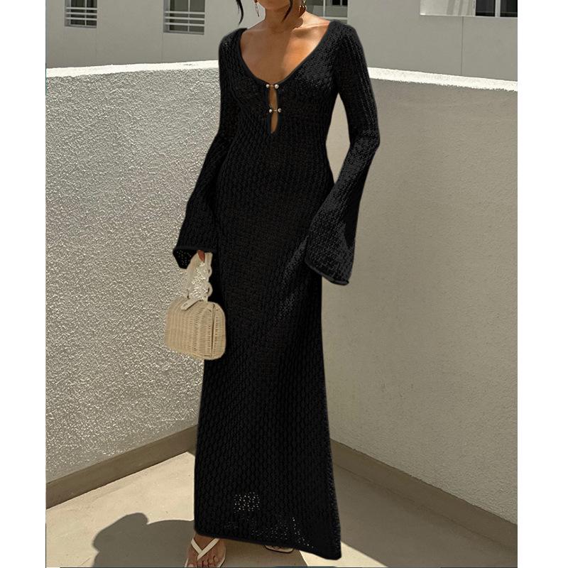 European-American V-Neck Hollow Texture Long-Sleeve Beach Dress