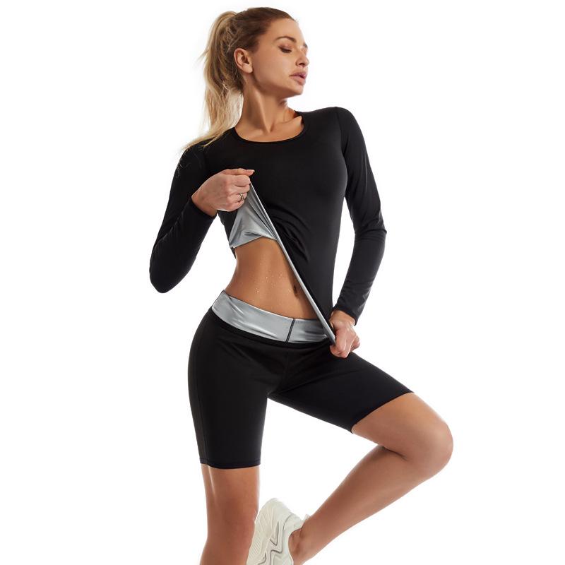 Women's Body Shaping Sweat Suit: Tummy Control Yoga Pants & Long Sleeve Top for Fitness & Running