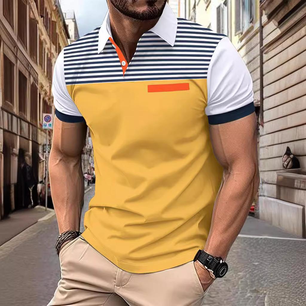 Летняя мужская повседневная рубашка-поло с коротким рукавом и принтом в полоску с фальшивыми карманами и лацканами