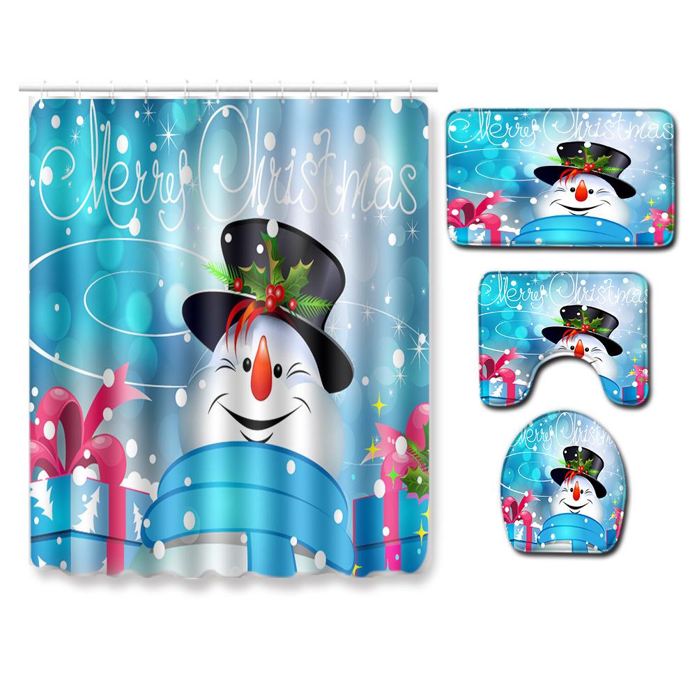 Christmas Waterproof Shower Curtain Four-Piece Floor Mat Combination Set Household Door Mat Bedroom Living Room Carpet