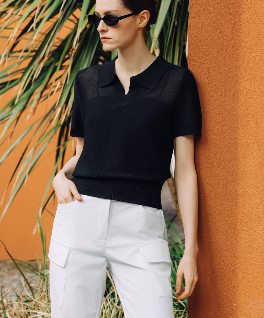 OBER GOLF Summer Open Collar Knit Top (Black)
