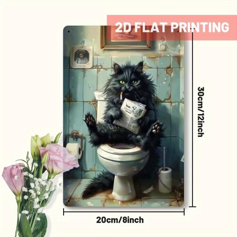 Декор комнаты 1 шт. Черный кот читает газету на унитазе Жестяная табличка - Юмористический декор стены ванной комнаты, Винтажная жестяная табличка, Уникальный подарок для любителя кошек