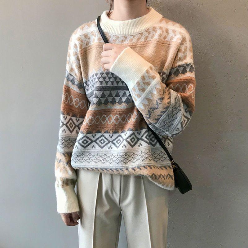 Retro Plus Size Sweater for WomenAutumn and Winter Loose Round Neck Outer Knitted Sweater