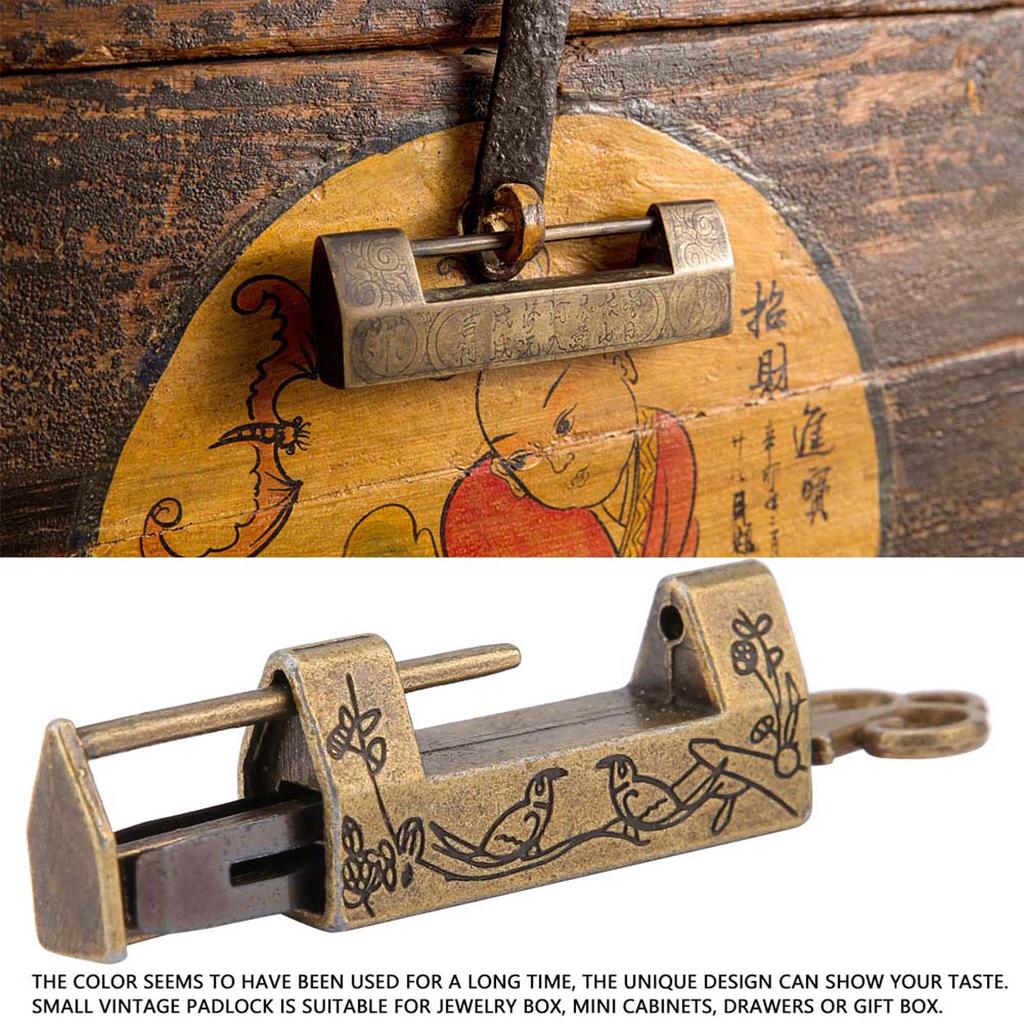 Mini Chinese Style Traditional Magpie Flowers Padlock Small Lock for Vintage Furniture Bronze