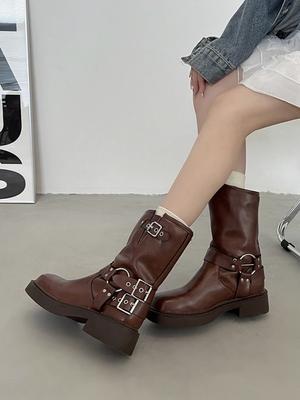 Женские ботинки с квадратным носком, коричневые байкерские туфли для женщин, средняя длина голени, средний каблук, удобные и недорогие, из искусственной кожи, готические