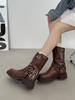 Fashion Women's Boots Half High Square Toe Footwear Brown Biker Shoes For Woman Mid Calf Middle Heel Comfortable And Low Price Pu Goth