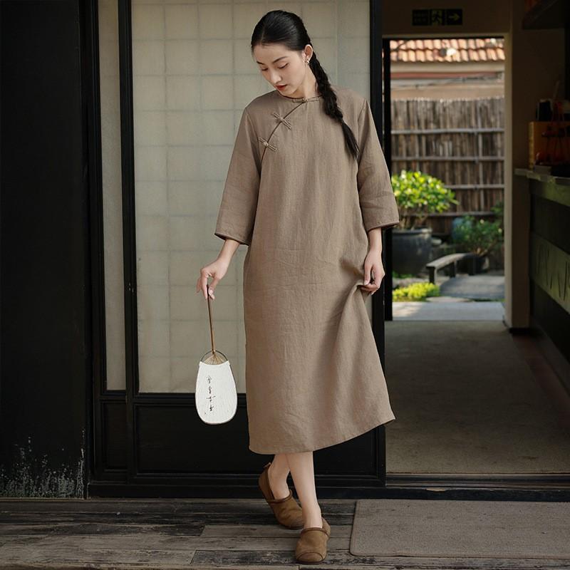 Johnature Женские платья в китайском стиле с круглым вырезом и девятью рукавами, однотонные, весенние, на пуговицах, винтажные, свободные, А-силуэта