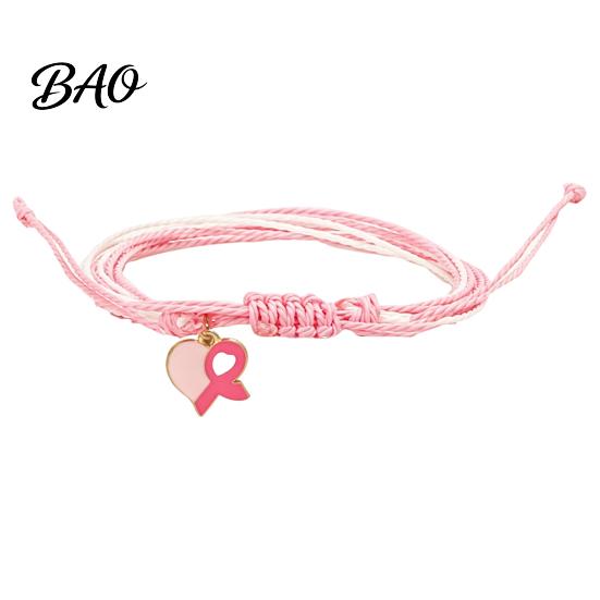 Soft Multi Strand Rope Bracelet Breast Cancer Awareness for Women, Adjustable Woven String with Heart Butterfly Alloy Pendants Ribbon Charm, Handmade