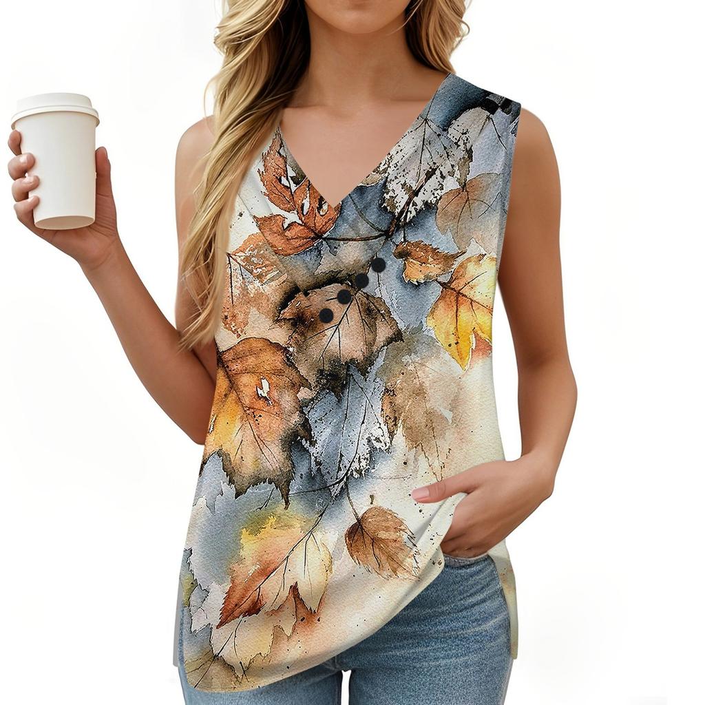 Женская майка с винтажным цветочным принтом, летняя футболка на пуговицах с V-образным вырезом, свободный модный топ без рукавов