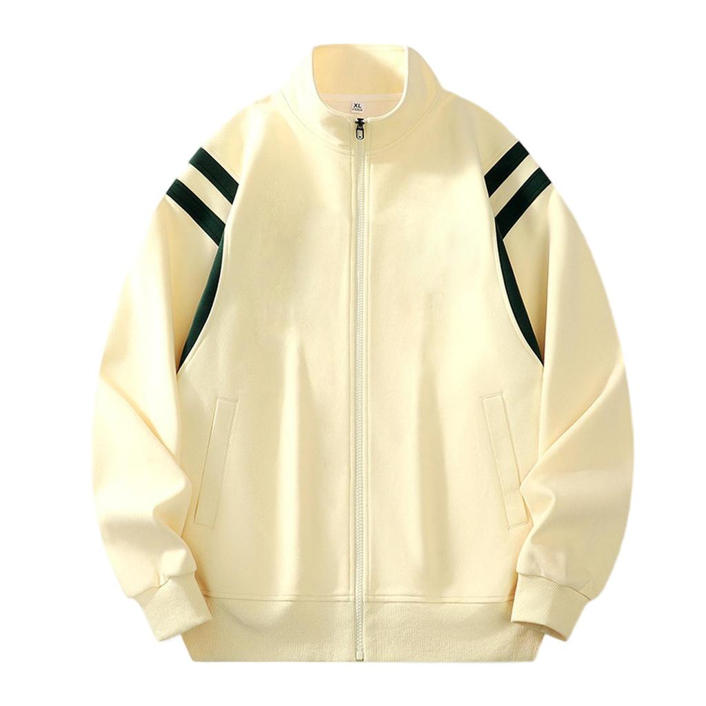 Men's New Casual Cardigan Hoodie Solid Color Striped Loose Jacket Stand Collar Zipper Top