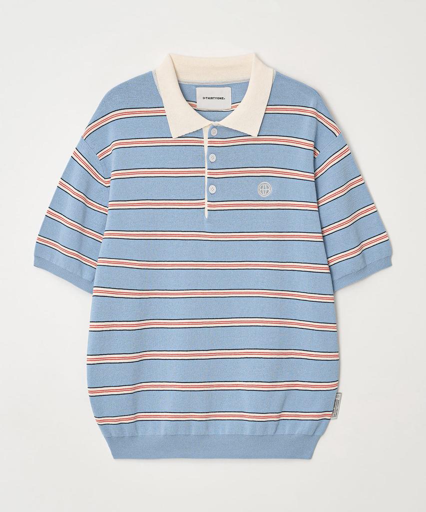 DTHIRTYONE Color Striped Short Sleeve Collared Knit (Blue)