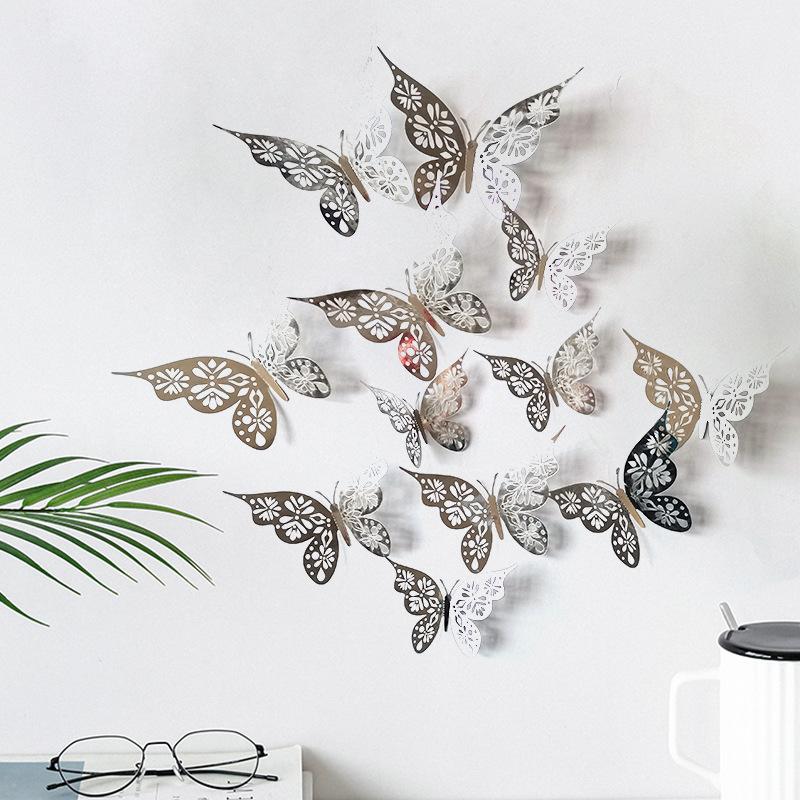 12 Pieces 3D Hollow Butterfly Wall Sticker Bedroom Living Room Home Decoration Paper Butterfly
