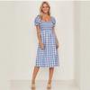 Женское платье весна-лето с разрезом, квадратным воротником и короткими рукавами в клетку