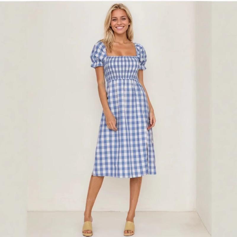 Женское платье весна-лето с разрезом, квадратным воротником и короткими рукавами в клетку