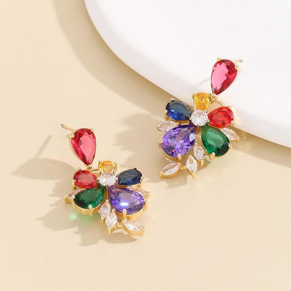 New Earrings Light Luxury style Fresh Temperament Earrings Trendy Drop Color Zircon Inlaid Flower Earrings