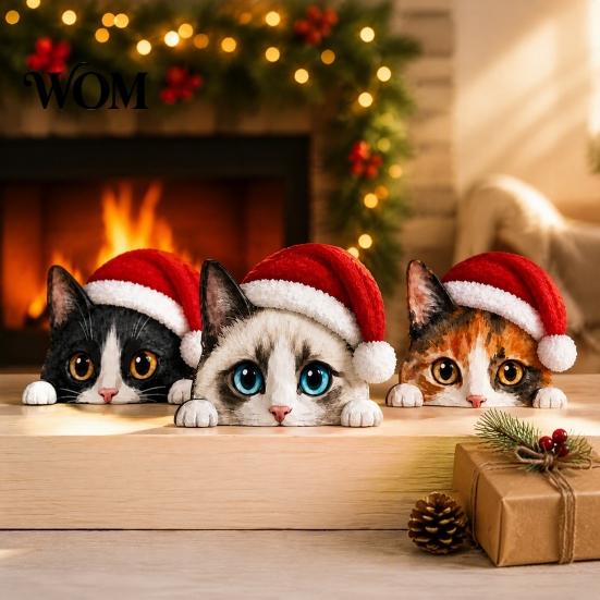 Holiday Table Decoration Cute Cat Shelf Sitter, Wooden Christmas Hat Peeking Desk Figurine, Funny Animal Craft Sign, Lover Gift for Home Office Tiered