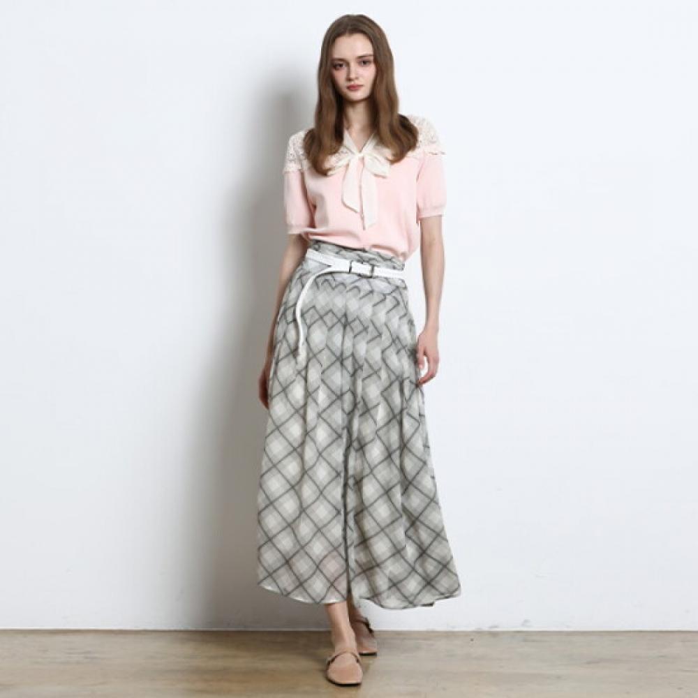 Ozoc Waist Shirring Check Long Skirt