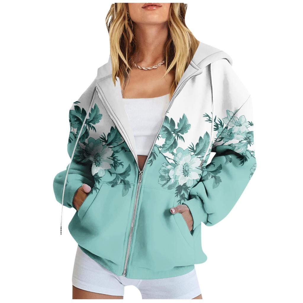 Women's Long Sleeve Floral Print Sweatshirt Long Sleeve Pocket Jacket Zipper Hoodie Coat
