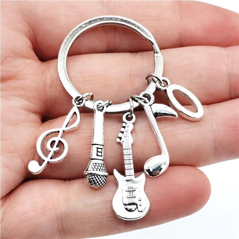 26 Letters Music Keychain Music Note Guitar Pendant Key Chain Microphone Keyring Creative Jewelry Gifts