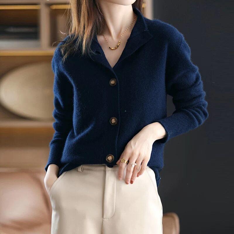 Autumn Winte Stand Collar Women's Korean Version Long Sleeved Sweater Casual Top Knitted Cardigan Solid Loose Short Jacket