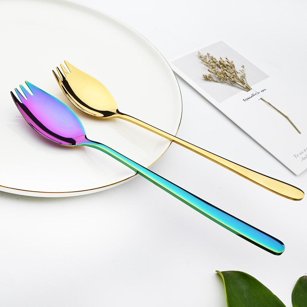 Gold 18/10 Stainless Steel Colorful Creative Design Kitchen Tableware Sporks Dessert Fork Spoon Noodles Salad Fruit Dinnerware