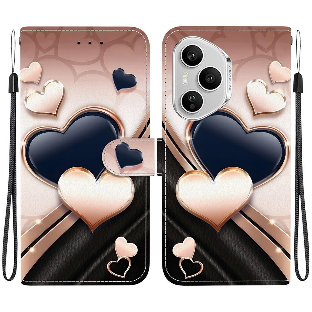 Для Honor 400 Pro 5G (Глобальный) Кожаный чехол-подставка-кошелек с принтом и ремешком на запястье