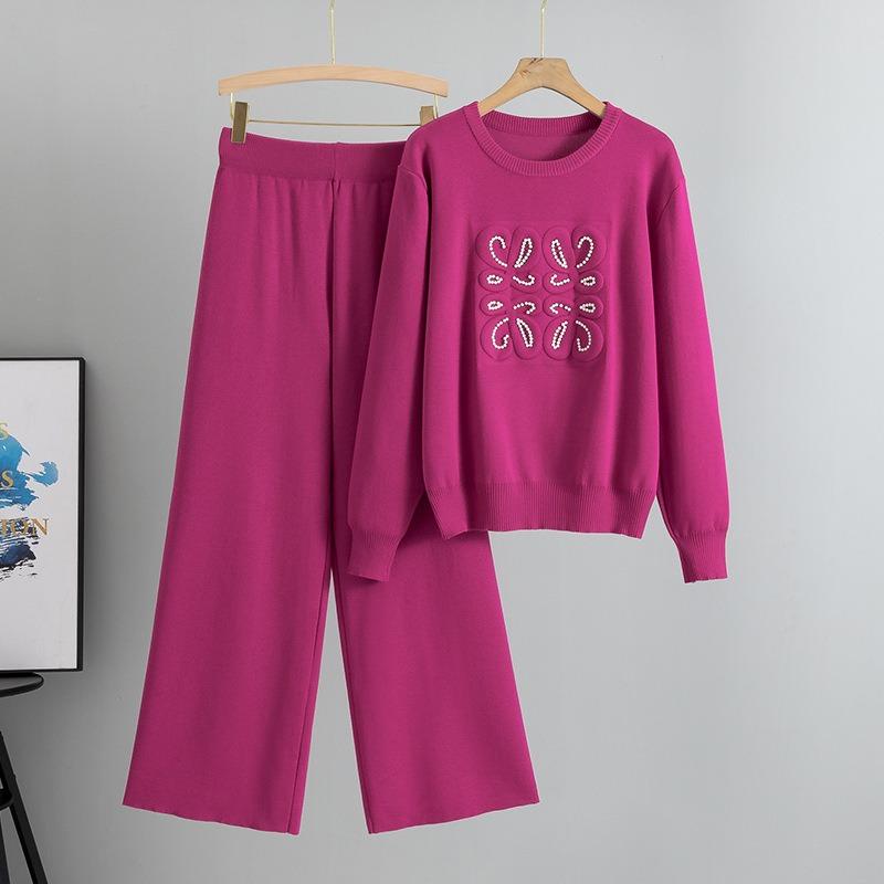 Плюс Размер Женский Новый Осенний Вязаный Свитер Широкие Брюки Мода Простой Темперамент Двухсекционный Костюм